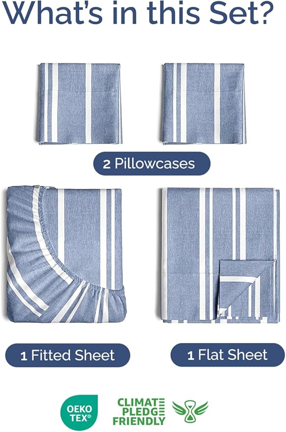 Extra Deep Twin Sheet Set - 4 Piece Breathable and Cooling Sheets - Hotel Luxury Bed Sheets Set - Easy Fit - Soft, Wrinkle Free and Comfy Sheets Set - Blue Striped Sheet Set with Extra Deep Pockets