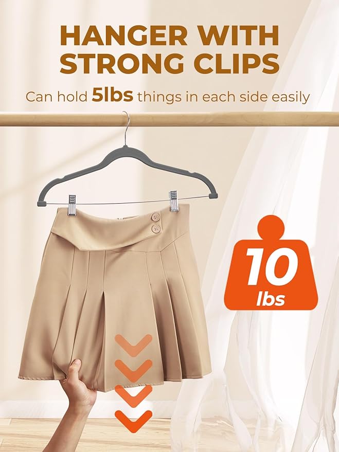 HOUSE DAY Velvet Skirt Hangers 24 Pack, Gray Hangers with Adjustable Clips, Space Saving Slim Velvet Pant Hanger, Heavy Duty Non Slip Clip Hanger for Pants, Skirts, Shorts