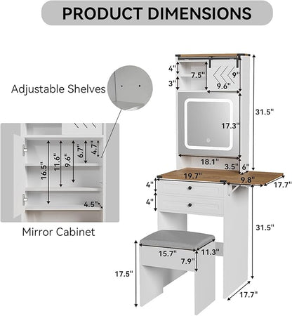 ARTETHYS Farmhouse Small Vanity Desk Set with Mirror Cabinet Mini Makeup Vanities Set with 3 Adjustable Lights and Storage Chair for Compact Space, White Dressing Table with Fold-up Panel