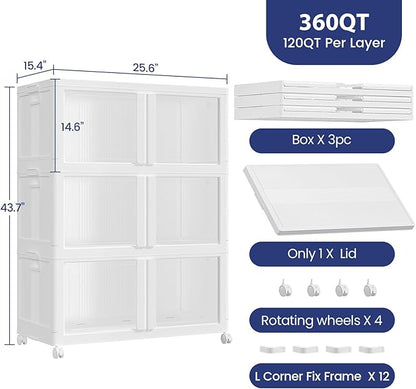 90GAL Large Stackable Storage Bins with Lid and Wheels, 360Qt Collapsible Organizer Cabinet with Clear Door, for Closet, Bedroom, Kitchen, Garage, 3-Pack White