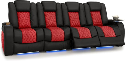 Seatcraft Diamante Zero-Gravity CoolZero Italian Leather Home Theater Seating, Power Headrest, Power Recline, Row of 4 Sofa, Black/Red