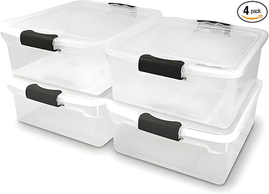 HOMZ 4-Pack 15.5 Quart Latching Lid, Clear Plastic Storage Organizer Bins, Gray – Stackable Containers for Home & Office Shelves, Kitchen, Garage, and Bathroom Organization