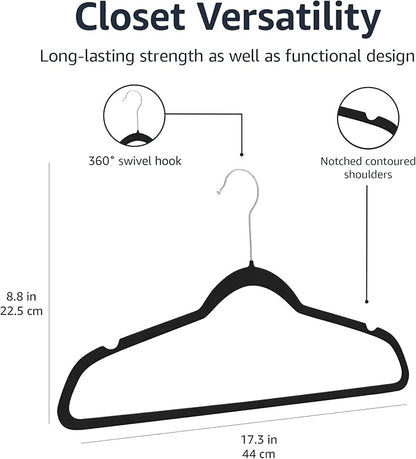 Amazon Basics Slim, Velvet, Non-Slip Suit Clothes Hangers, Pack of 50, Black