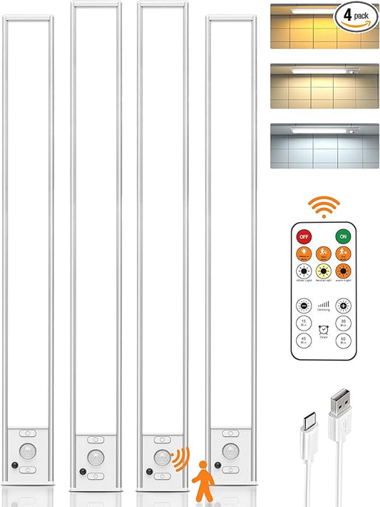 Under Cabinet Lights, 80 LED Motion Sensor Light Indoor,4000mAh USB Rechargeable Closet Light with Remote Control,3 Color Temps Wireless Under Counter Lights for Bedroom,Kitchen,Stairs,4 Pack