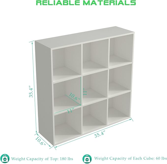 OSCHF 9-Cube Storage Shelf Bookcase - Wooden 3-Tier Floor Standing Open Bookshelf for Home and Office, Display Cabinet, Warm White