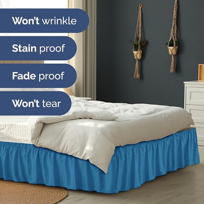 Wrap Around Dust Ruffle Bed Skirt - Denim Blue - for Queen Size Beds with 18 Inch Drop - Elastic Strap - Adjustable Pleated Bedskirt with Brushed Fabric and Wrinkle Free - For Women, Men, Kids & Teens