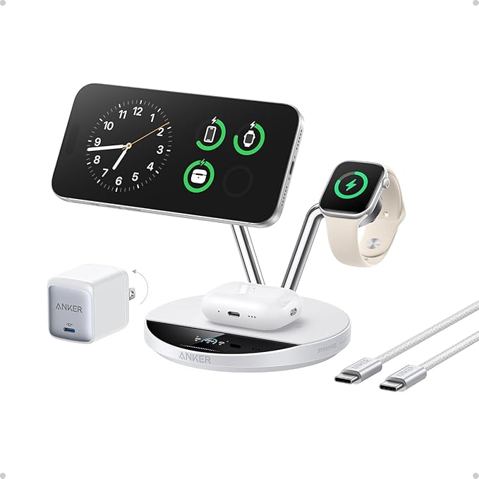 Anker Prime MagSafe Charger Compatible, 3-in-1 Charging Station, Qi2 25W Certified Wireless Charger Dock Stand, Smart Display with TEC Active Cooling, for iPhone 17, Apple Watch, AirPods (White)