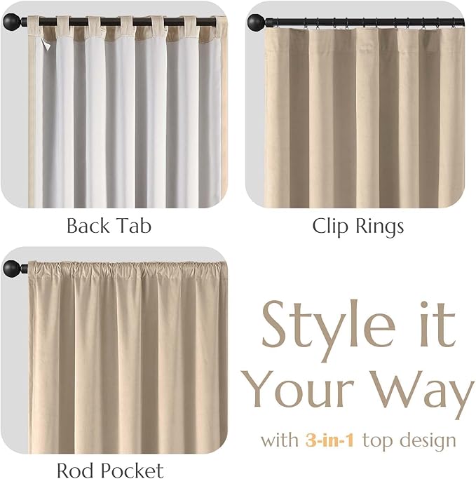 Lazzzy Cream Velvet Blackout Curtains 90 Inches Long Thermal Insulated Room Darkening Curtain Drapes Luxury Back Tab Window Treatments for Bedroom Living Room 2 Panels, 52 x 90 Inch, Latte