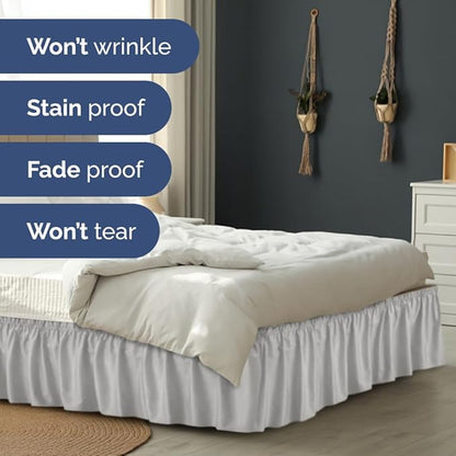 Wrap Around Dust Ruffle Bed Skirt - Light Grey - for Full Size Beds w/ 14 Inch Drop - Easy Fit Elastic Strap - Adjustable Pleated Bedskirt with Brushed Fabric, Wrinkle Free Women, Men, Kids and Teens