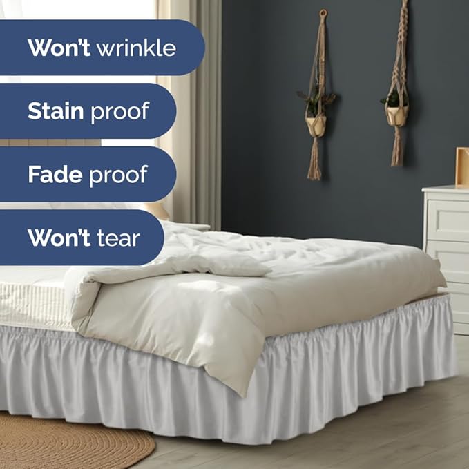 Wrap Around Dust Ruffle Bed Skirt - Light Grey - for Twin Size Beds w/ 14 Inch Drop - Easy Fit Elastic Strap - Adjustable Pleated Bedskirt with Brushed Fabric, Wrinkle Free Women, Men, Kids and Teens