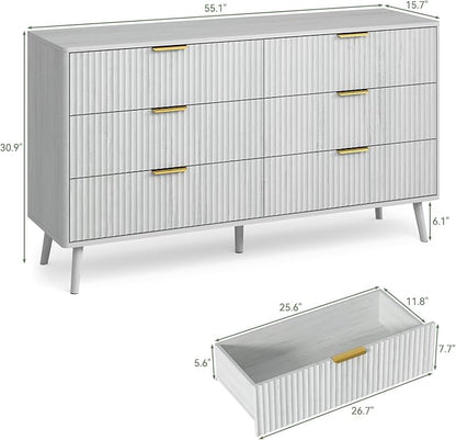 LYNSOM Fluted Dresser and Nightstand Sets 3 Piece, 6-Drawers Dresser and 1-Drawer Nightstands Set of 2, Wood Bedroom Furniture Set for Home, Bedroom, Hallway, White