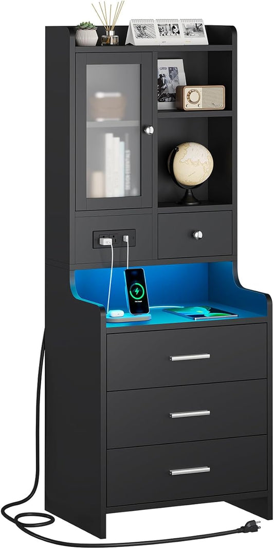 ADORNEVE Tall Night Stand with Charging Station and LED Lights,49.2" Nightstand with Bookshelf, Black Bedside Table with Drawers,End Side Table for Bedrooms