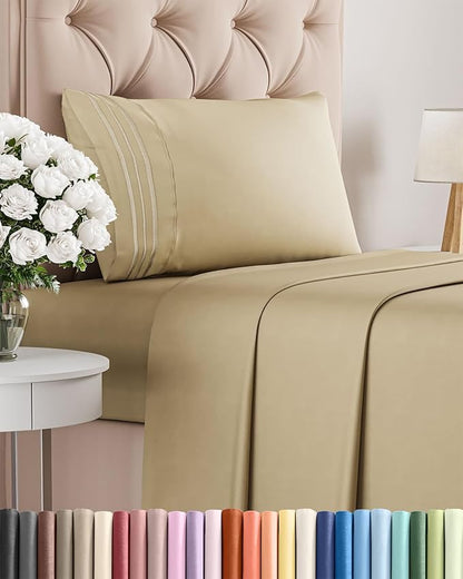 Twin Size 3 Piece Sheet Set - Comfy Breathable & Cooling Bed Sheets Set - Hotel Luxury Bedding for Women, Men, Kids, Teens, Boys & Girls - Deep Pockets, Ultra-Soft and Wrinkle Free - Oeko-Tex - Beige