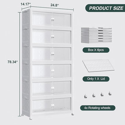 180Gal Stackable Storage Bins with Lid, 720Qt Extra Large Collapsible Storage Box with Doors and Wheels, Plastic Closet Organizer and Storage Cabinet Drawer for Home Kitchen, 6Pack White