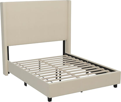 EMMA + OLIVER Nora Full Size Faux Linen Upholstered Platform Bed with Plush Padded Wingback Headboard (No Box Spring Needed), Modern Upholstered Headboard Full Bed Frame, Beige