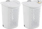 (2 Pack) Ultra Wheeled Hamper - White Plastic Laundry Hamper with Retractable Handle & Smooth Wheels, 2 Bushel Capacity for Dorms/Apartments/Family