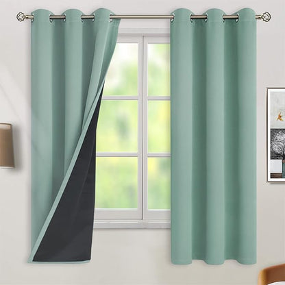 BGment Thermal Insulated 100% Blackout Curtains for Bedroom with Black Liner, Double Layer Full Room Darkening Noise Reducing Grommet Curtain (38 x 63 Inch, Frosty Green, 2 Panels)