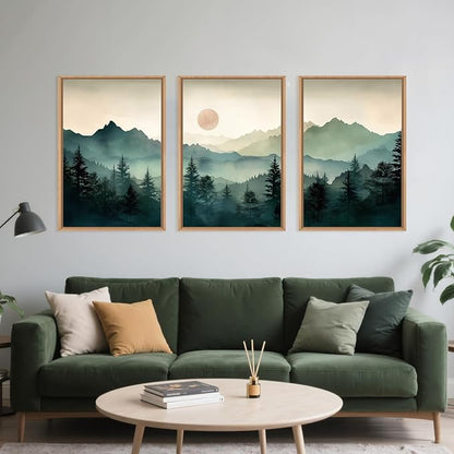LHIUEM Large Boho Mountain Framed Wall Art Set,Green Foggy Forest Wall Painting,Abstract Nature Sunrise Artwork,Watercolor Pine Tree Wall Decor for Living Room,Bedroom,Office-16''x24''x3