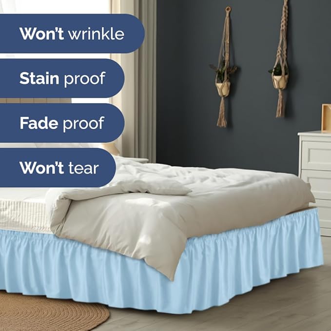 Wrap Around Dust Ruffle Bed Skirt - Light Blue - for Full Size Beds with 24 Inch Drop - Elastic Strap - Adjustable Pleated Bedskirt with Brushed Fabric and Wrinkle Free - for Women, Men, Kids & Teens