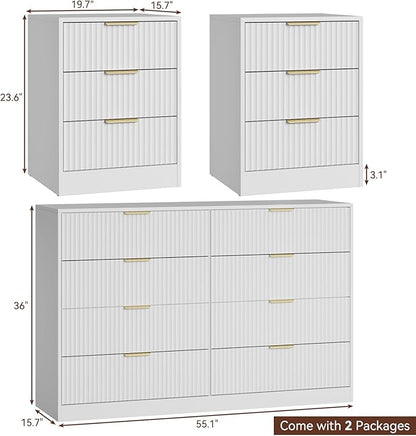 8 Drawer Dresser & Nightstand Set 3-Piece, 55” Wide Tall Fluted Dresser and Night Stand Set of 2 with Metal Handle, Modern Wood Chest of Drawers Storage Dressers Set for Bedroom, White