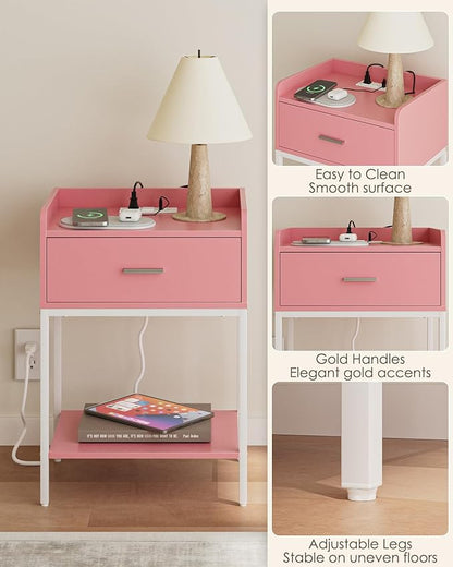 Masupu Nightstand with Charging Station,3-Tier Modern Bedside Night Stand with Storage Drawer and Shelf,Small End Side Table for Bedroom,Living Room,Pink and White