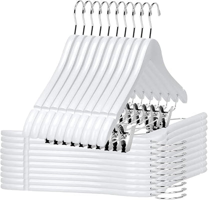 Quality Wooden Skirt Hangers with Clips 80-Pack White Pants Hangers with Adjustable Chrome Metal Clips, Swivel Hook, Coat, Jacket, Blouse Suit Hangers (White, 80)