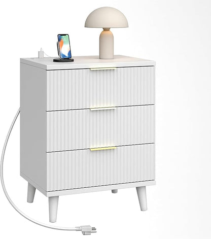 Fluted White Nightstand with USB Charging Station, 3-Drawer Dresser Wood Modern Night Stand Bedside Table with Quiet Drawers & Large Storage End Table for Bedroom