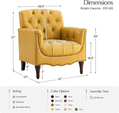 HULALA HOME Mid Century Modern Leather Club Chairs, Top-Grain Genuine Leather Armchairs with Button-Tufted Back & Solid Wood Legs, Accent Chairs for Living Room/Bedroom/Home Office, Yellow