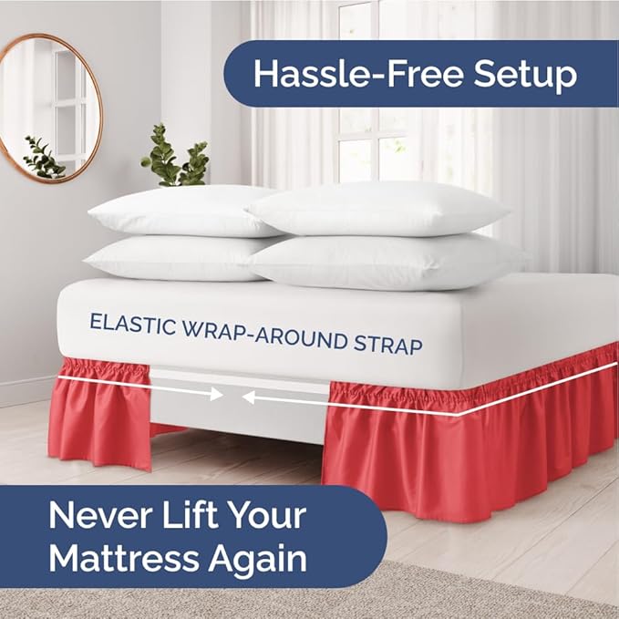 Wrap Around Dust Ruffle Bed Skirt - Red - for Queen Size Beds with 24 Inch Drop - Easy Fit Elastic Strap - Adjustable Pleated Bedskirt w/Brushed Fabric - Wrinkle Free - for Women, Men, Kids & Teens