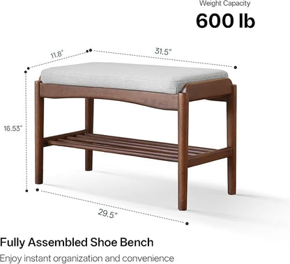 Black Walnut Shoe Bench Assembled, Solid Wood Shoe Rack Bench with Cushion for Entryway, Living Room, Bedroom, Hallway, 11.8" x 31.5" x 16.5"