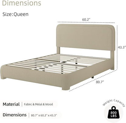 BarnFurin Queen Bed Frame with Headboard, Boucle Upholstered Platform Bed Frame, Luxurious Soft Rounded Corners, No Box Spring Required, Easy Assembly, Beige