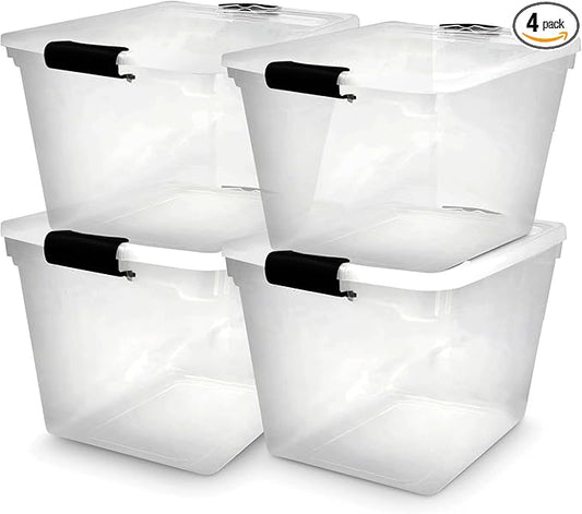 HOMZ 4-Pack 31 Quart Latching Lid, Clear Plastic Storage Organizer Bins, Gray – Stackable Containers for Home & Office Shelves, Kitchen, Garage, and Bathroom Organization