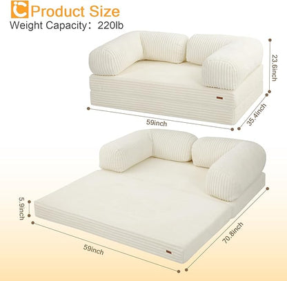 COMAX Folding Sofa Bed Queen, Foldable Couch Bed, Fold Out Futon Chair Sleeper for Adults, Convertible Floor Mattress Sofa for Bedrooom Living Room Guest Room, Faux Fur Light Beige