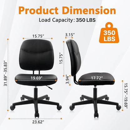 CLATINA Armless Home Office Chair, Small PU Leather Ergonomic Low Back Desk Chair with Lumbar Support and Wheels, Adjustable Height 360° Swivel Rolling Computer Task Chair, Black