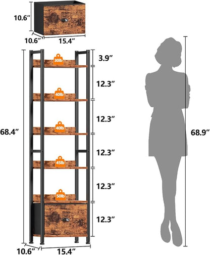 Furologee 6 Tier Bookshelf, Tall Shelf with Drawer, Wood and Metal Bookshelves Storage Organizer, Industrial Display Shelving Unit for Bedroom, Living Room, Home Office, Rustic Brown