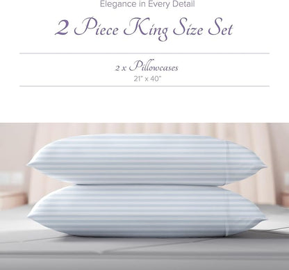 Carressa Linen 100% Egyptian Cotton King Size Pillow Cases Set of 2 - Luxury 600 Thread Count Stripe Light Blue King Pillowcases, Silky Soft, Cooling, Sateen Weave Hotel Quality Damask Pillow Cover