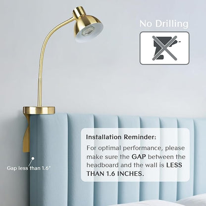 Solfres Patented Innovative Design Headboard Reading Light Pro. No Drilling Book Light for Bedtime Reading. Dimmable LED Book Reading Lamp with Bulb. Movable & Flexible, Gold