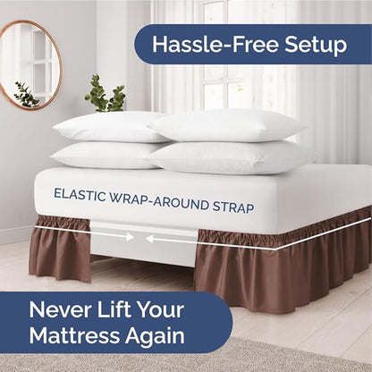 Wrap Around Dust Ruffle Bed Skirt - Brown - for Full Size Beds with 12 Inch Drop - Easy Fit Elastic Strap - Adjustable Pleated Bedskirt w/Brushed Fabric - Wrinkle Free - for Women, Men, Kids & Teens