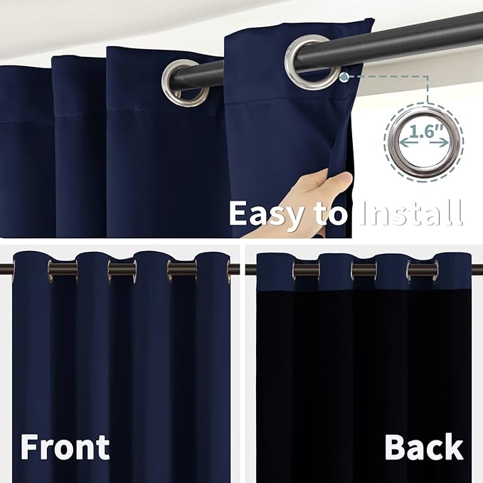 BGment Thermal Insulated 100% Blackout Curtains for Bedroom with Black Liner, Double Layer Full Room Darkening Noise Reducing Grommet Curtain (52 x 90 Inch, Navy Blue, 2 Panels)