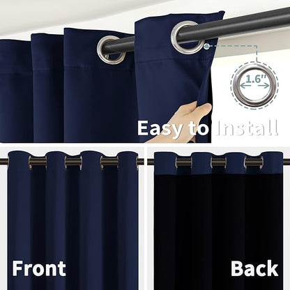 BGment Thermal Insulated 100% Blackout Curtains for Bedroom with Black Liner, Double Layer Full Room Darkening Noise Reducing Grommet Curtain (55 x 69 Inch, Navy Blue, 2 Panels)