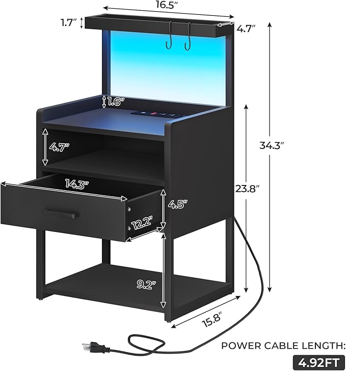 VIAGDO Nightstand with Charging Station and LED Lights, Black Night Stand with Drawer, Modern End Side Table with Open Storage Shelves, Bedside Tables for Bedroom, Office