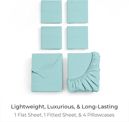 Mellanni Queen Sheet Set - 6-Piece Iconic Collection Bedding, (Including 4 Pillowcases), 16-Inch Deep Pocket, Easy Care, Extra Soft, Cooling Sheets, Brushed Microfiber - Aqua