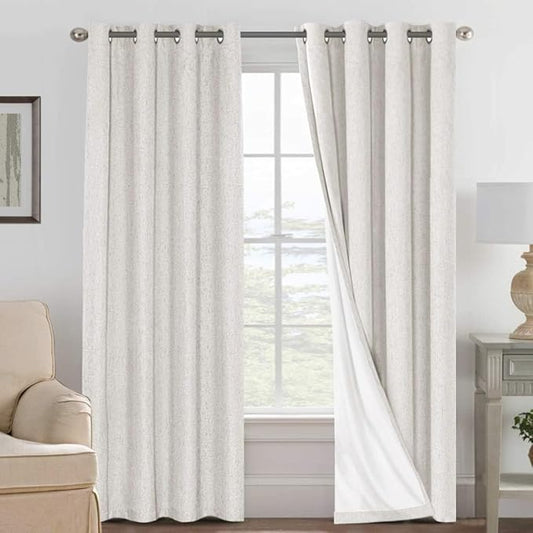 H.VERSAILTEX Linen Curtains 100% Blackout Curtains for Bedroom 102 inch Long Full Light Blocking Nature Linen Blended Window Curtains for Living Room Nickel Grommet (2 Panels, Ivory)