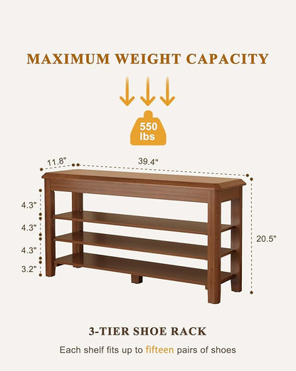 Shoe Rack Bench Seat Rubberwood 3-Tier Wooden Storage Bench 550lbs Compact Mid-Century Modern Design for Entryway, Hallway, Closet, Front Door Entrance, Foyer