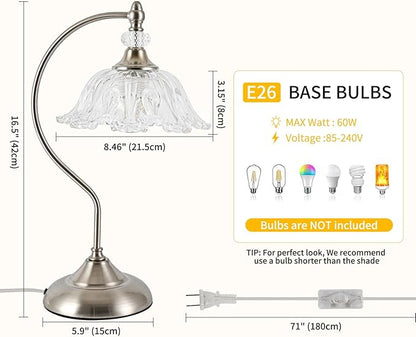 Brushed Nickel Table Lamp with a Floral Clear Glass Shade, A Plug-in Nightstand Lamp in Brushed Nickel Finish for Bedroom, Living Room,Office, and Desk