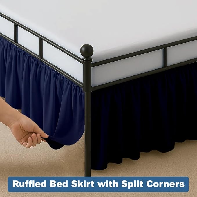 Ruffled Bed Skirt Split Corners with Platform, Tailored Fit Hotel Quality Wrinkle Free Ultra-Soft Microfiber Dust Ruffle, Upto 28 Inch Drop, Twin, Navy Blue