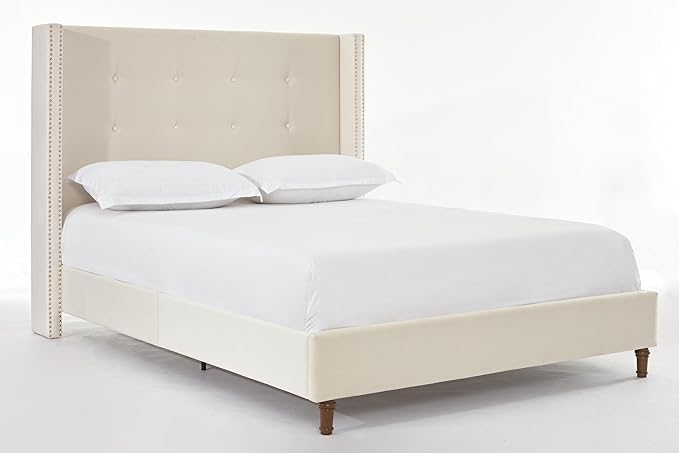Queen Size Upholstered Bed Frame, 54" Tall Headboard Platform Bedframes with Nail Head Decorative Wingback, Hand Buttoned Tufting Headboard Beds/No Box Spring Needed/Minimalism, Ivory Velvet