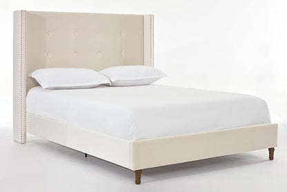 Queen Size Upholstered Bed Frame, 54" Tall Headboard Platform Bedframes with Nail Head Decorative Wingback, Hand Buttoned Tufting Headboard Beds/No Box Spring Needed/Minimalism, Ivory Velvet