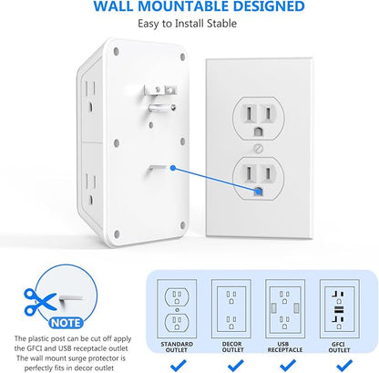 3 Pack Surge Protector Outlet Extender, 6 Outlet Splitter with 4 USB Ports (2 USB C), Multi Plug Wall Outlet 1050J Power Strip, USB Wall Charger for Home Office Kitchen Travel