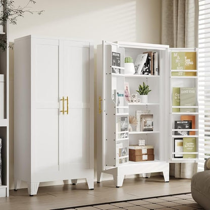 47" Kitchen Pantry Cabinet, Metal Storage Cabinet with 3 Adjustable Layer Shelves, 8 Door Shelves, Buffet Sideboard for Living Room, Kitchen, White